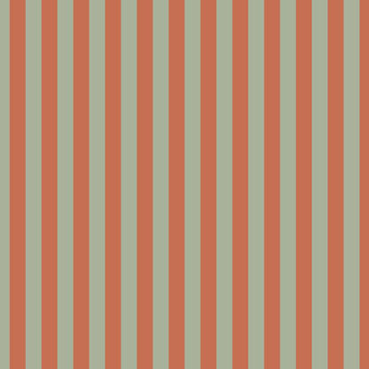 Thin Stripe Wallpaper in Sage & Baked Clay – fine, narrow stripes on a baked clay ground