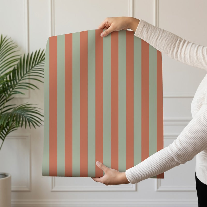 Thin Stripe Wallpaper roll in Sage & Baked Clay – fine, narrow stripes on a baked clay ground