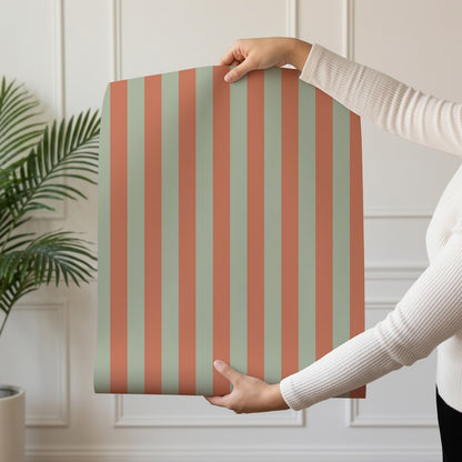 Thin Stripe Wallpaper roll in Sage & Baked Clay – fine, narrow stripes on a baked clay ground