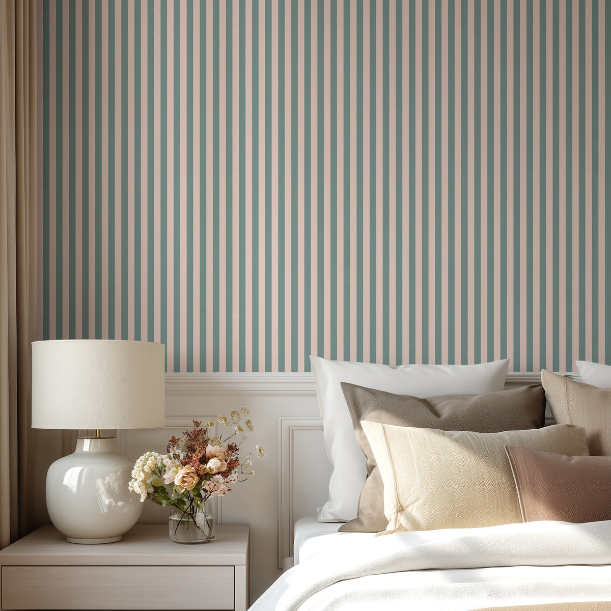 Sage Grey & Apricot Blush – Thin Stripe Wallpaper styled in a bedroom