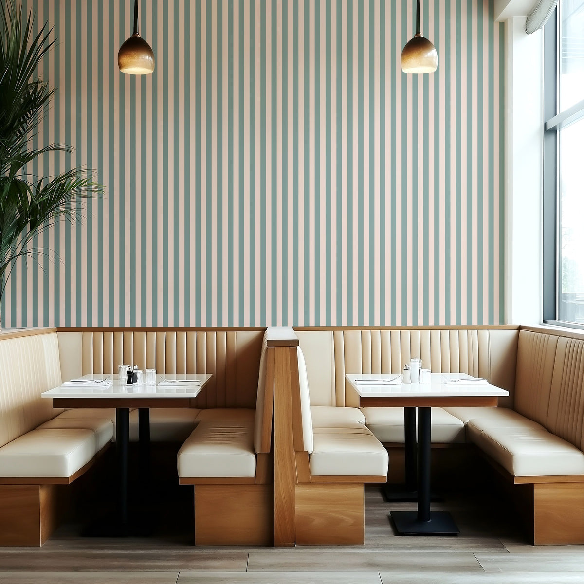 Sage Grey & Apricot Blush – Thin Stripe Wallpaper styled in a boutique hotel and hospitality space
