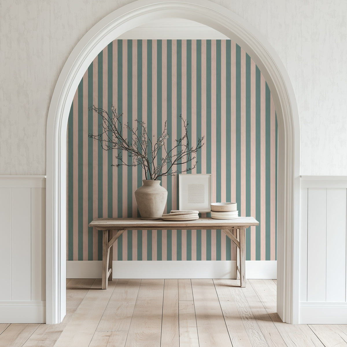 Sage Grey & Apricot Blush – Thin Stripe Wallpaper styled in a hallway and home office