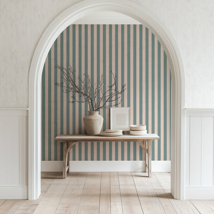 Sage Grey & Apricot Blush – Thin Stripe Wallpaper styled in a hallway and home office