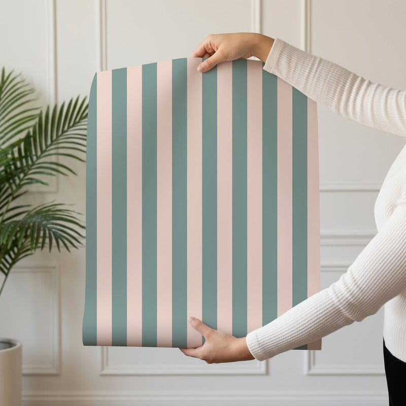 Thin Stripe Wallpaper roll in Sage Grey & Apricot Blush – fine, narrow stripes on an apricot blush ground