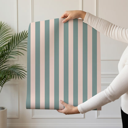Thin Stripe Wallpaper roll in Sage Grey & Apricot Blush – fine, narrow stripes on an apricot blush ground
