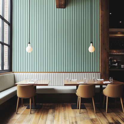 Sage Grey & Sea Mint – Thin Stripe Wallpaper styled in a boutique hotel and hospitality space