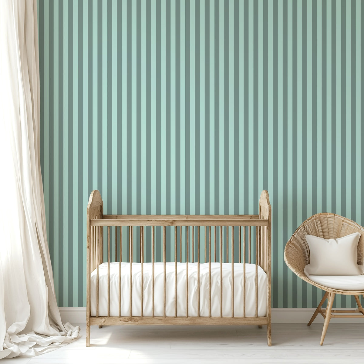 Sage Grey & Sea Mint – Thin Stripe Wallpaper styled in a kids' room and nursery