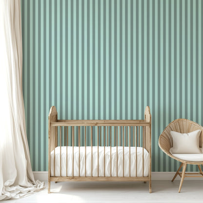 Sage Grey & Sea Mint – Thin Stripe Wallpaper styled in a kids' room and nursery