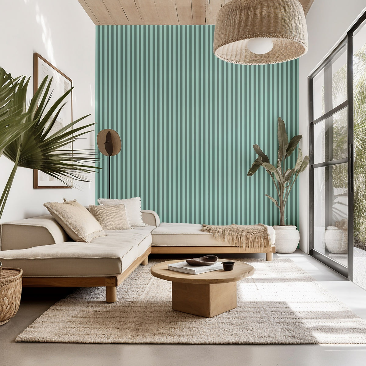 Sage Grey & Sea Mint – Thin Stripe Wallpaper styled in a living room