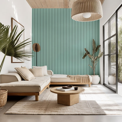 Sage Grey & Sea Mint – Thin Stripe Wallpaper styled in a living room