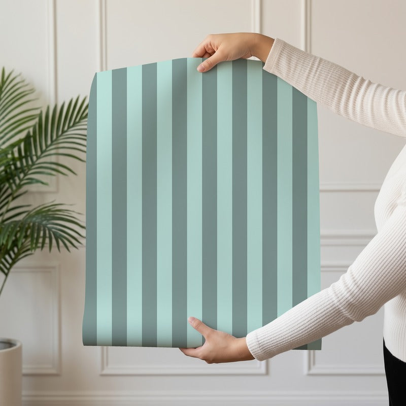 Thin Stripe Wallpaper roll in Sage Grey & Sea Mint – fine, narrow stripes on a sea mint ground
