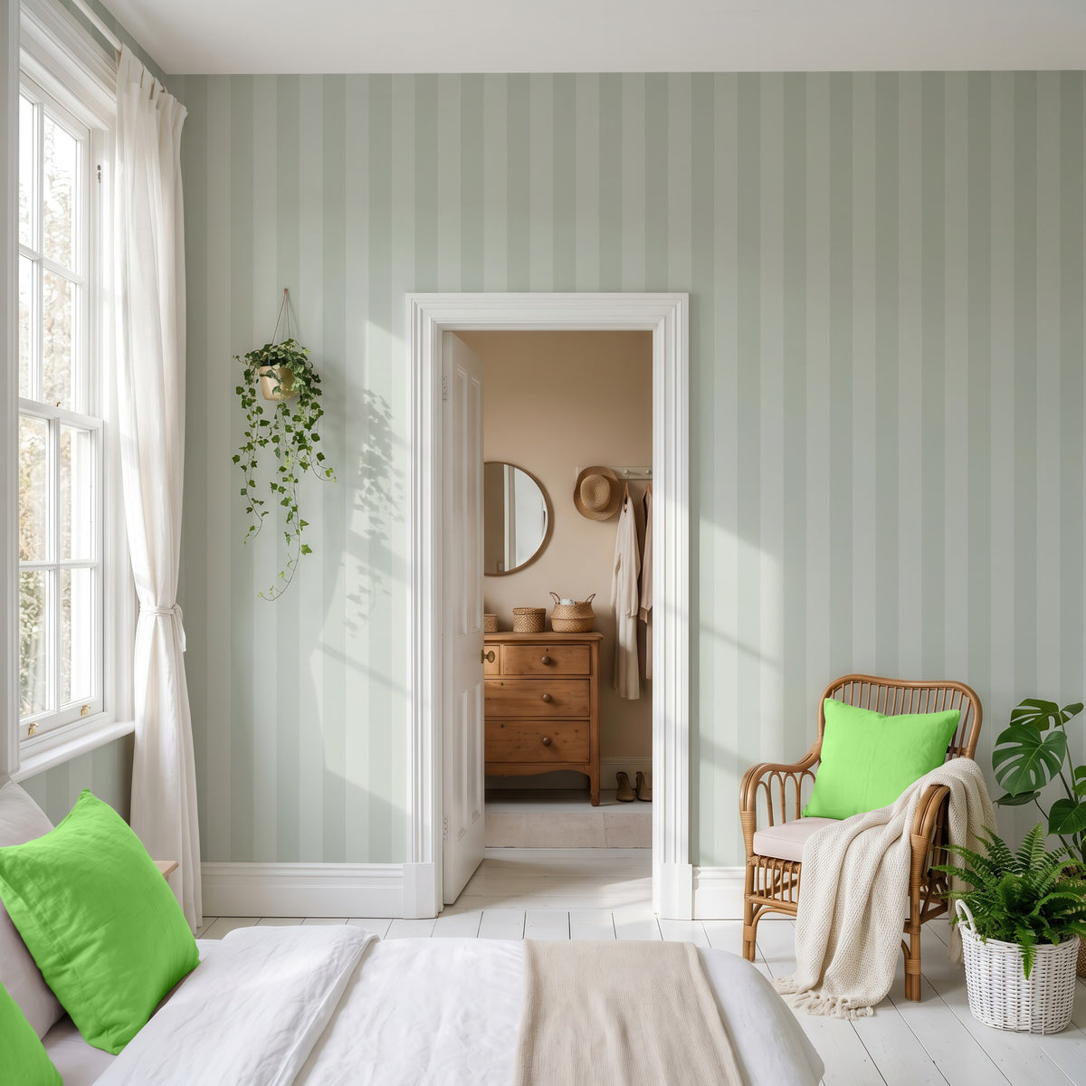 Sage Mist & Pale Eucalyptus – Thin Stripe Wallpaper styled in a bedroom