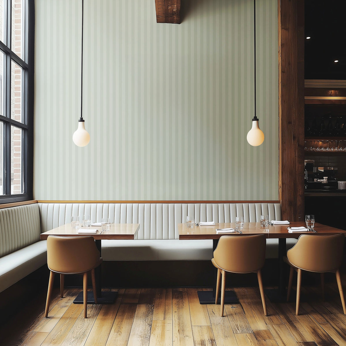 Sage Mist & Pale Eucalyptus – Thin Stripe Wallpaper styled in a boutique hotel and hospitality space
