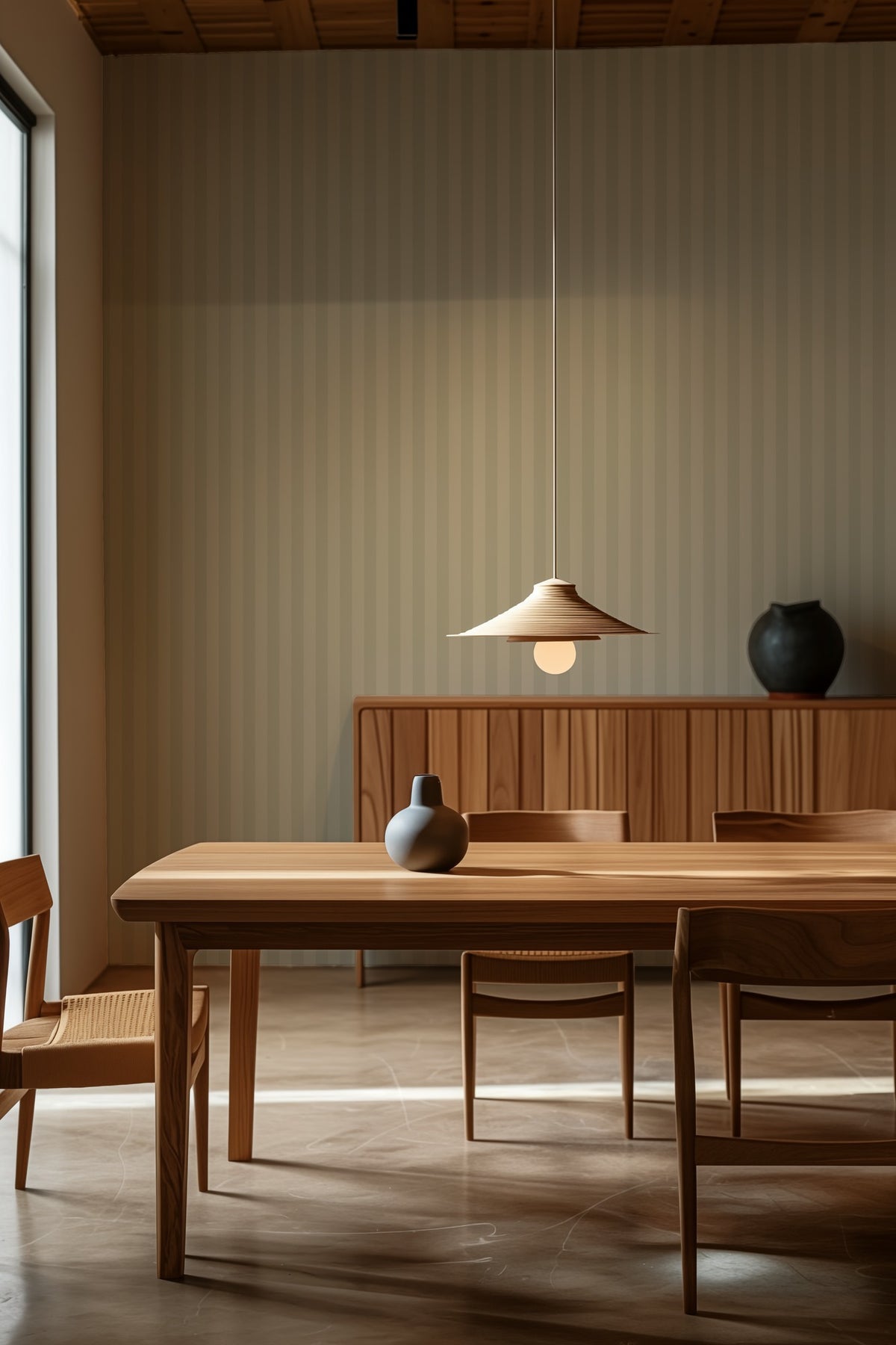 Sage Mist & Pale Eucalyptus – Thin Stripe Wallpaper styled in a kitchen and dining room