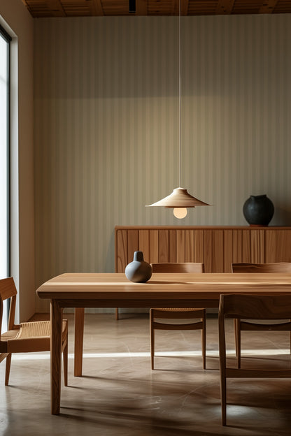 Sage Mist & Pale Eucalyptus – Thin Stripe Wallpaper styled in a kitchen and dining room