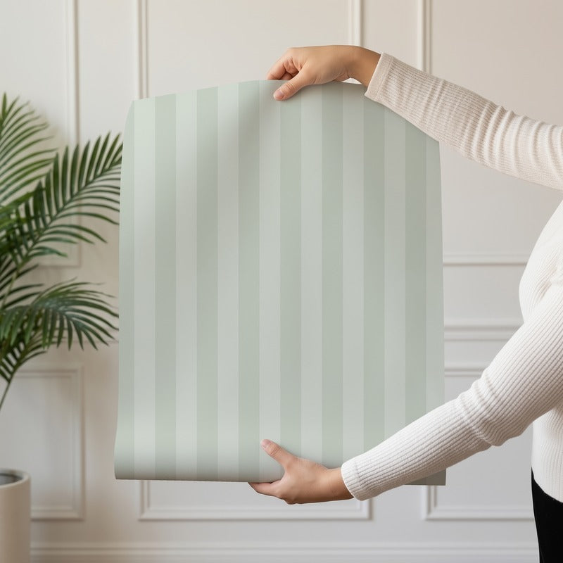 Thin Stripe Wallpaper roll in Sage Mist & Pale Eucalyptus – fine, narrow stripes on a pale eucalyptus ground