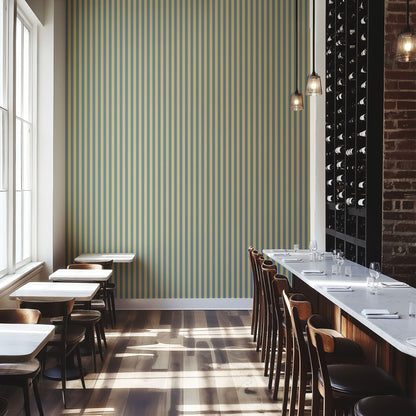Thin Stripe Wallpaper – Soft Denim & Pale Yellow styled in a boutique hotel and hospitality space