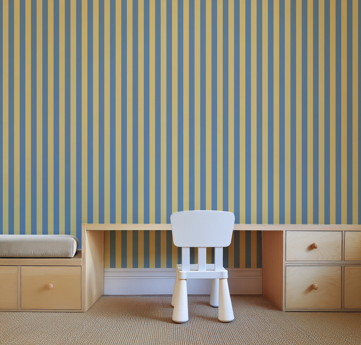 Thin Stripe Wallpaper – Soft Denim & Pale Yellow styled in a kids' room and nursery