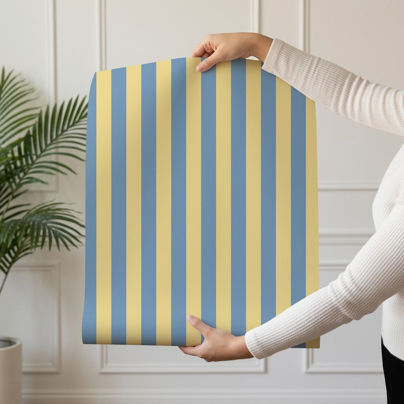 Thin Stripe Wallpaper roll in Soft Denim & Pale Yellow – fine, narrow stripes on a pale yellow ground