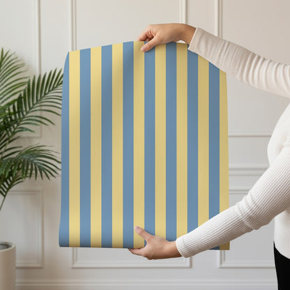 Thin Stripe Wallpaper roll in Soft Denim & Pale Yellow – fine, narrow stripes on a pale yellow ground