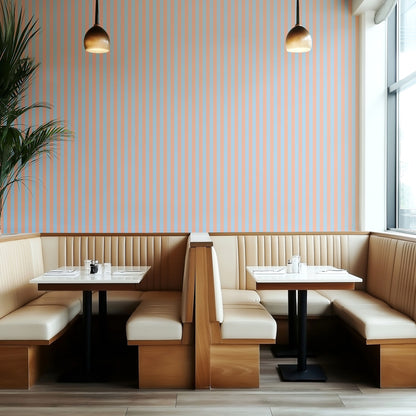 Thin Stripe Wallpaper – Soft Peach & Sky Blue styled in a boutique hotel and hospitality space