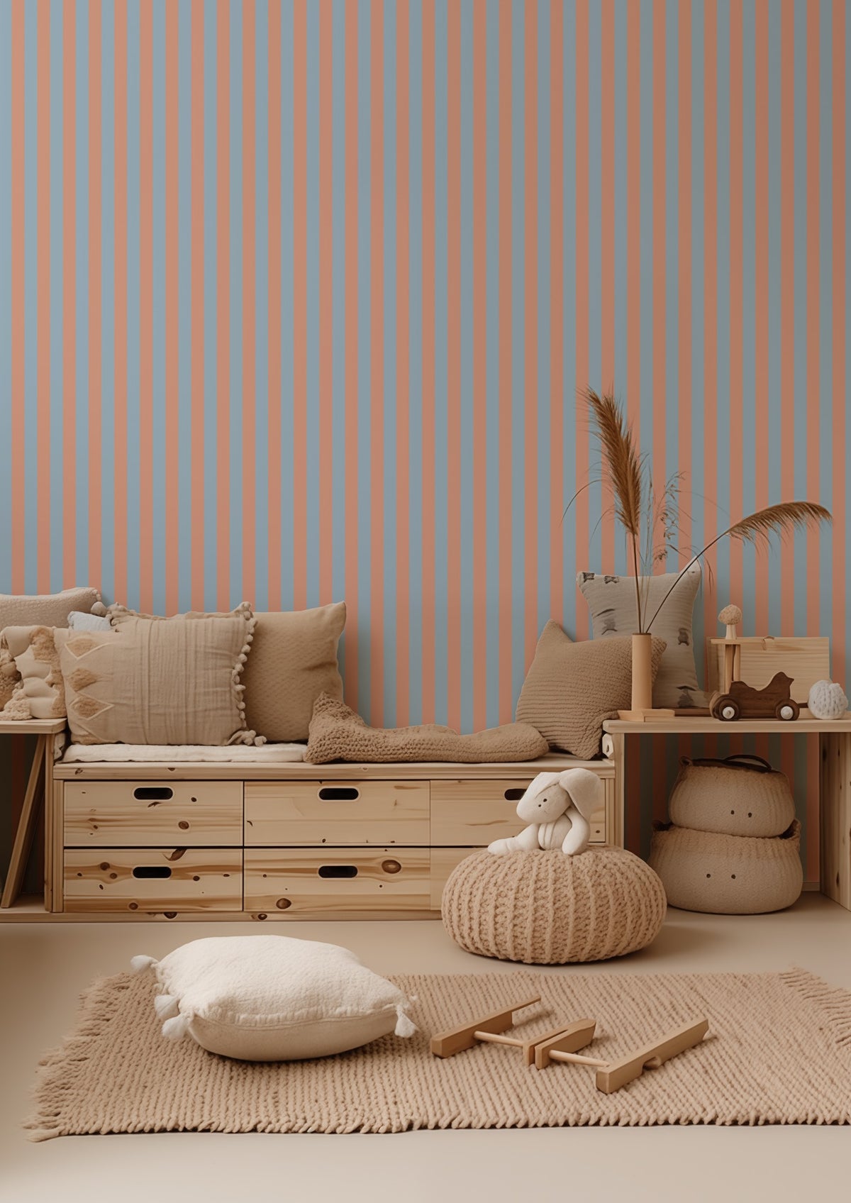 Thin Stripe Wallpaper – Soft Peach & Sky Blue styled in a kids' room and nursery