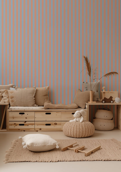Thin Stripe Wallpaper – Soft Peach & Sky Blue styled in a kids' room and nursery