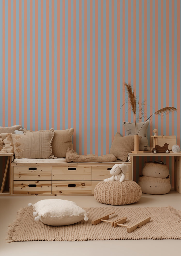 Thin Stripe Wallpaper – Soft Peach & Sky Blue