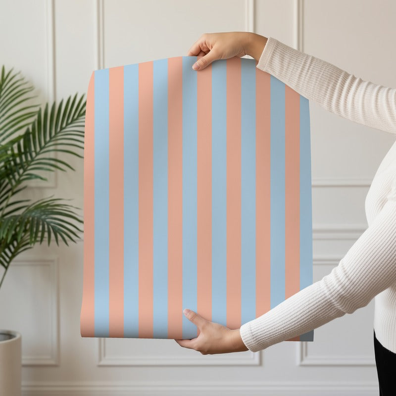 Thin Stripe Wallpaper roll in Soft Peach & Sky Blue – fine, narrow stripes on a sky blue ground