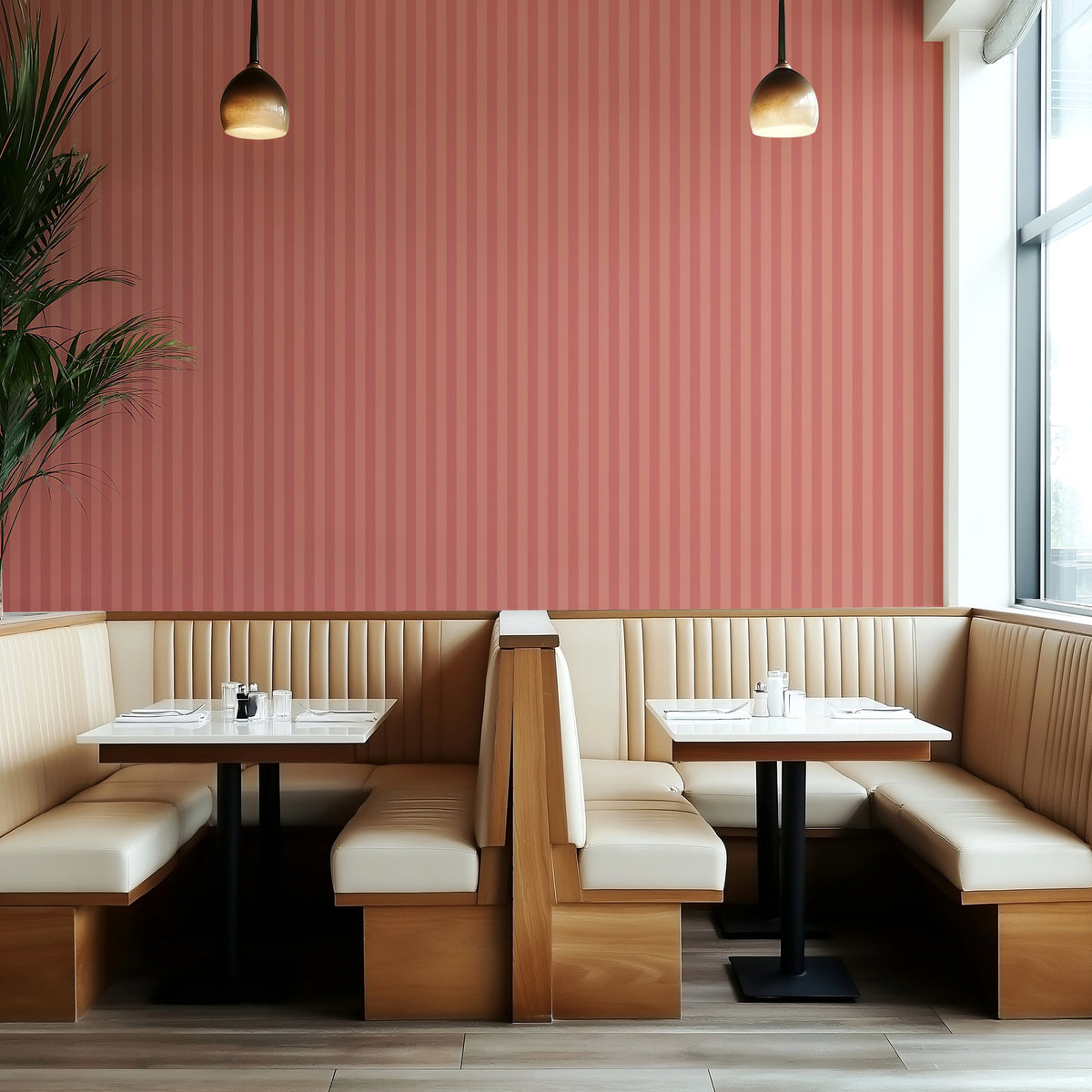 Terracotta & Baked Clay – Thin Stripe Wallpaper styled in a boutique hotel and hospitality space
