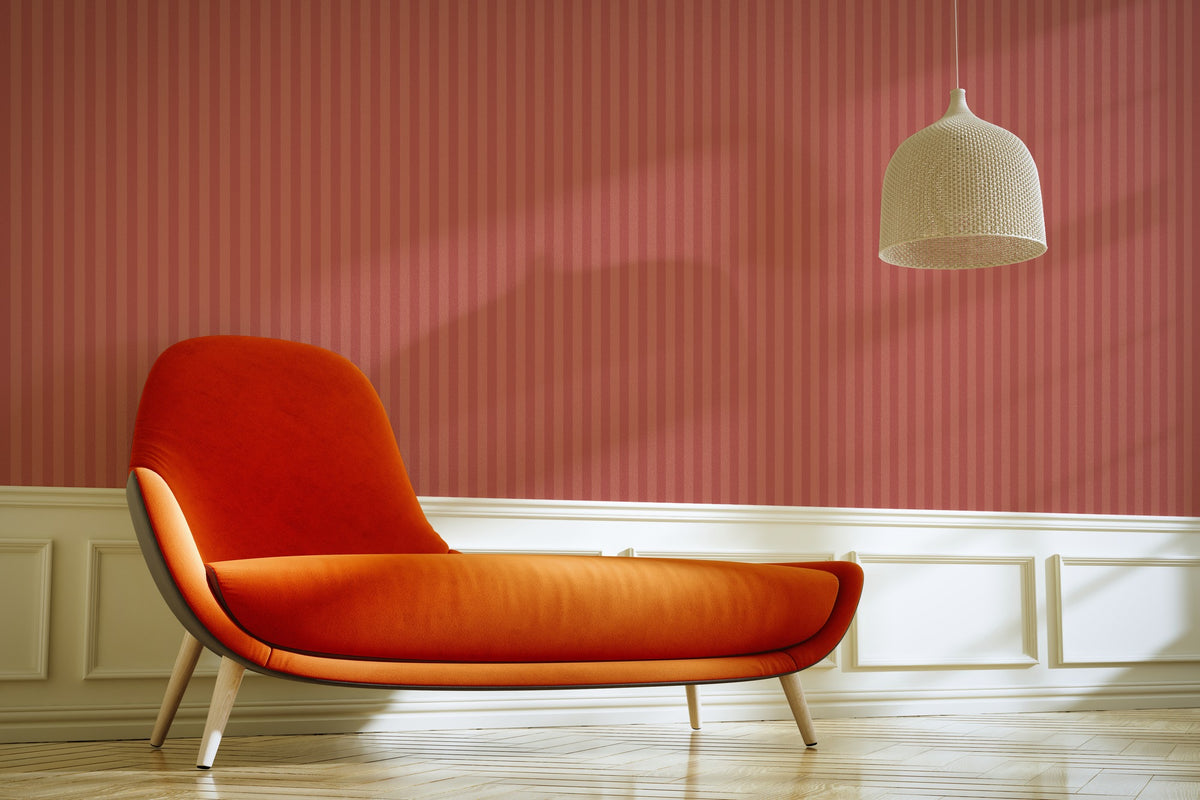 Terracotta & Baked Clay – Thin Stripe Wallpaper styled in a living room