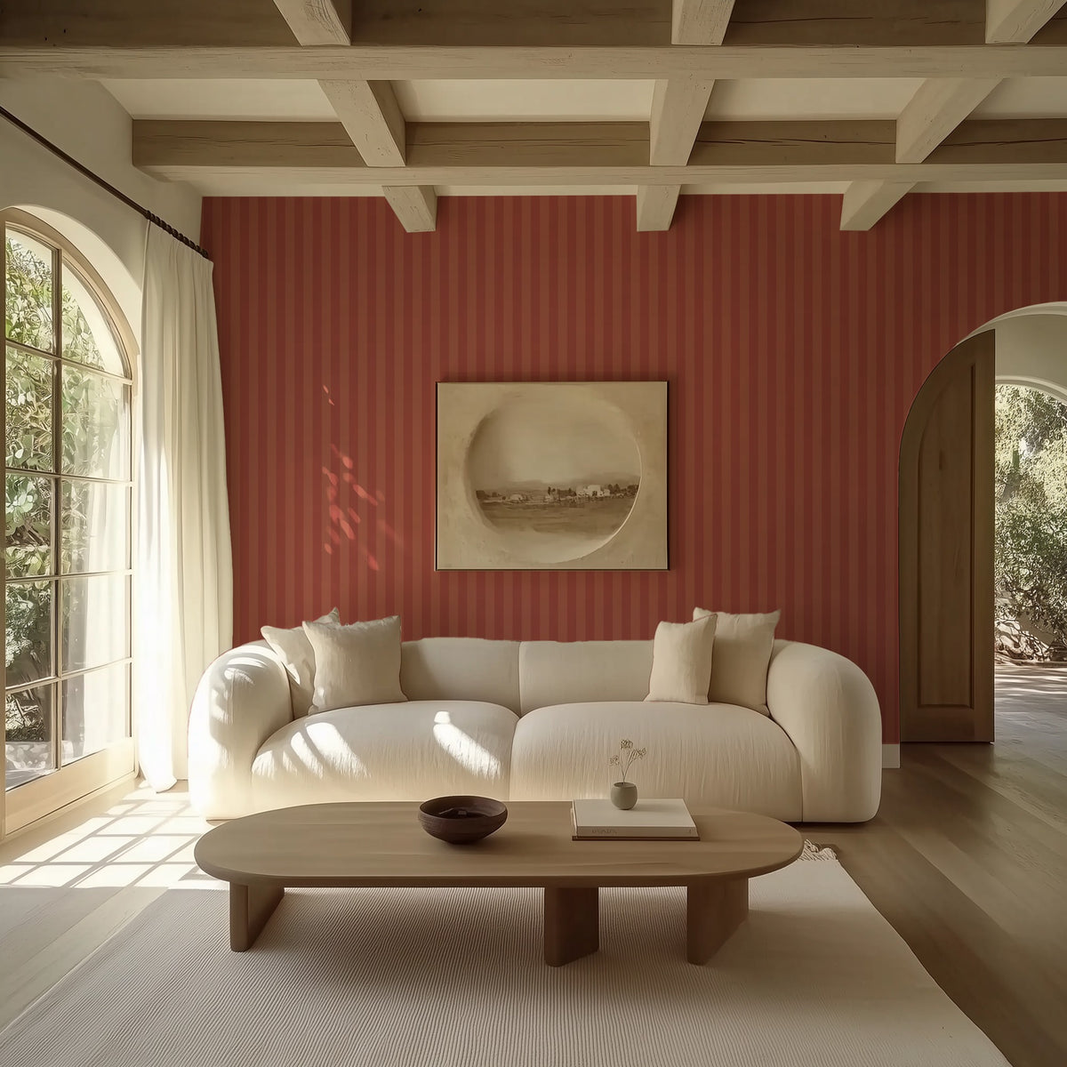 Terracotta & Baked Clay – Thin Stripe Wallpaper styled in a living room