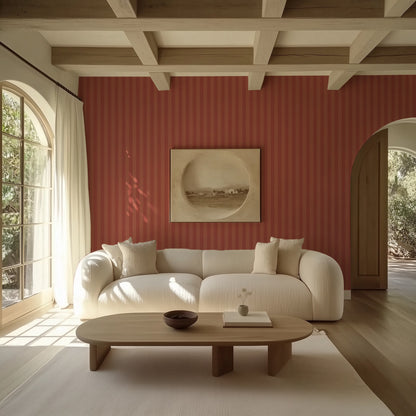 Terracotta & Baked Clay – Thin Stripe Wallpaper styled in a living room