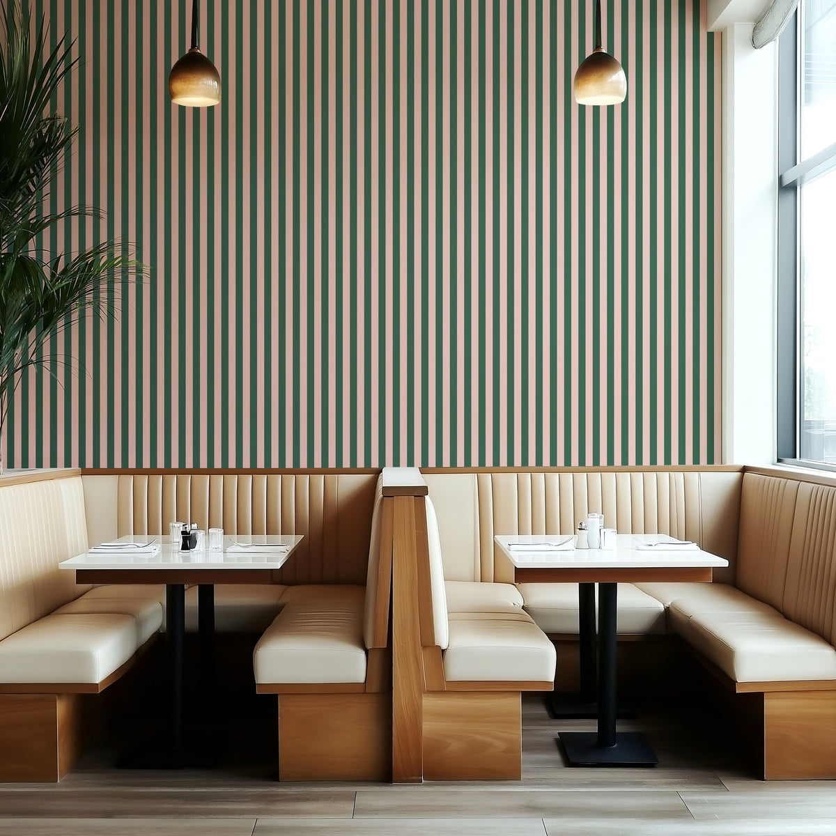 Thin Stripe Wallpaper – Warm Blush & Forest Green styled in a boutique hotel and hospitality space