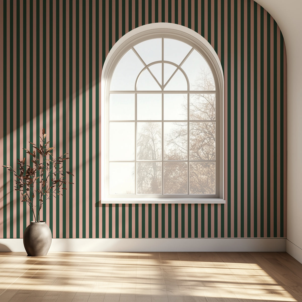 Thin Stripe Wallpaper – Warm Blush & Forest Green styled in a hallway and home office