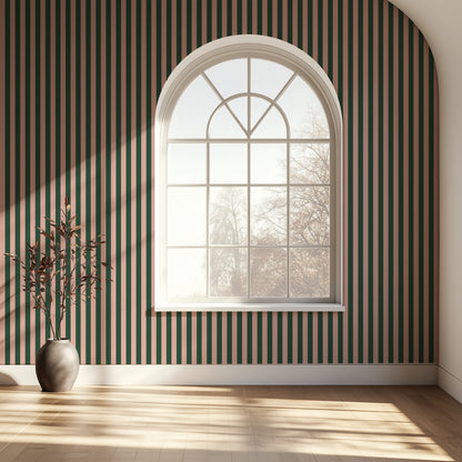 Thin Stripe Wallpaper – Warm Blush & Forest Green styled in a hallway and home office