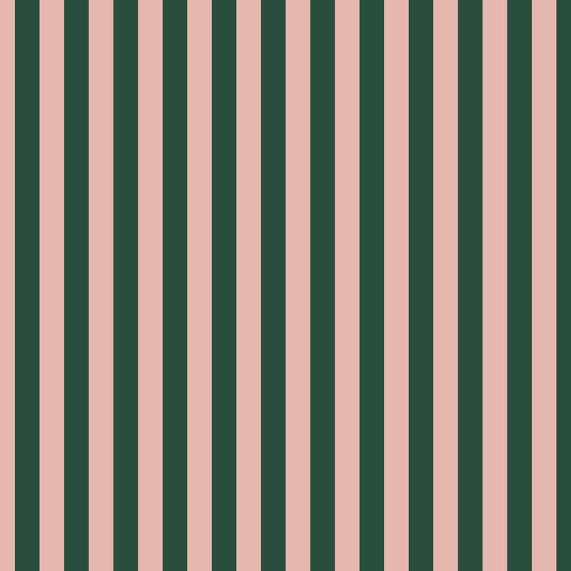 Thin Stripe Wallpaper in Warm Blush & Forest Green – fine, narrow stripes on a forest green ground
