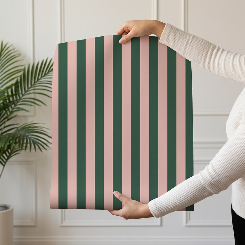 Thin Stripe Wallpaper roll in Warm Blush & Forest Green – fine, narrow stripes on a forest green ground