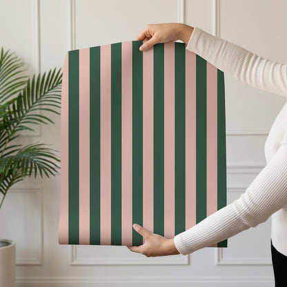 Thin Stripe Wallpaper roll in Warm Blush & Forest Green – fine, narrow stripes on a forest green ground