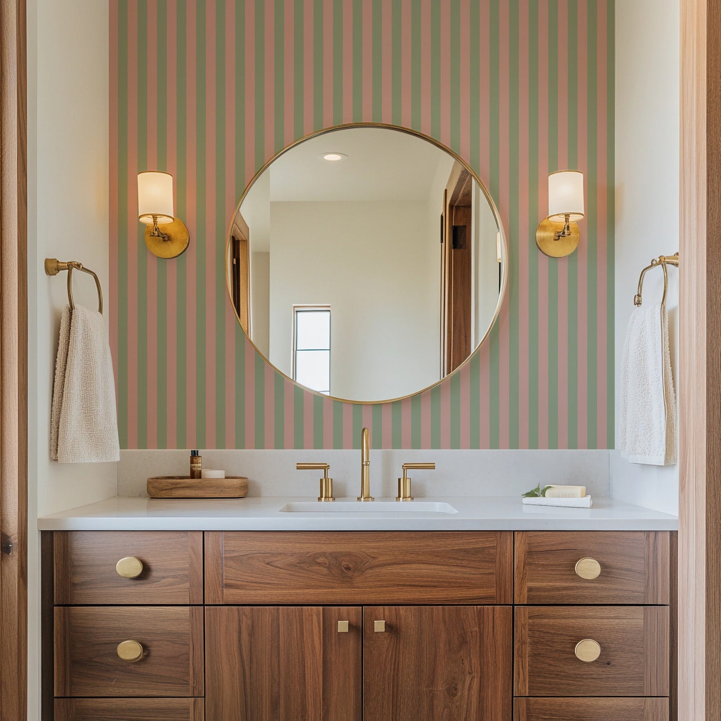 Thin Stripe Wallpaper – Warm Blush & Soft Sage styled in a bathroom and laundry
