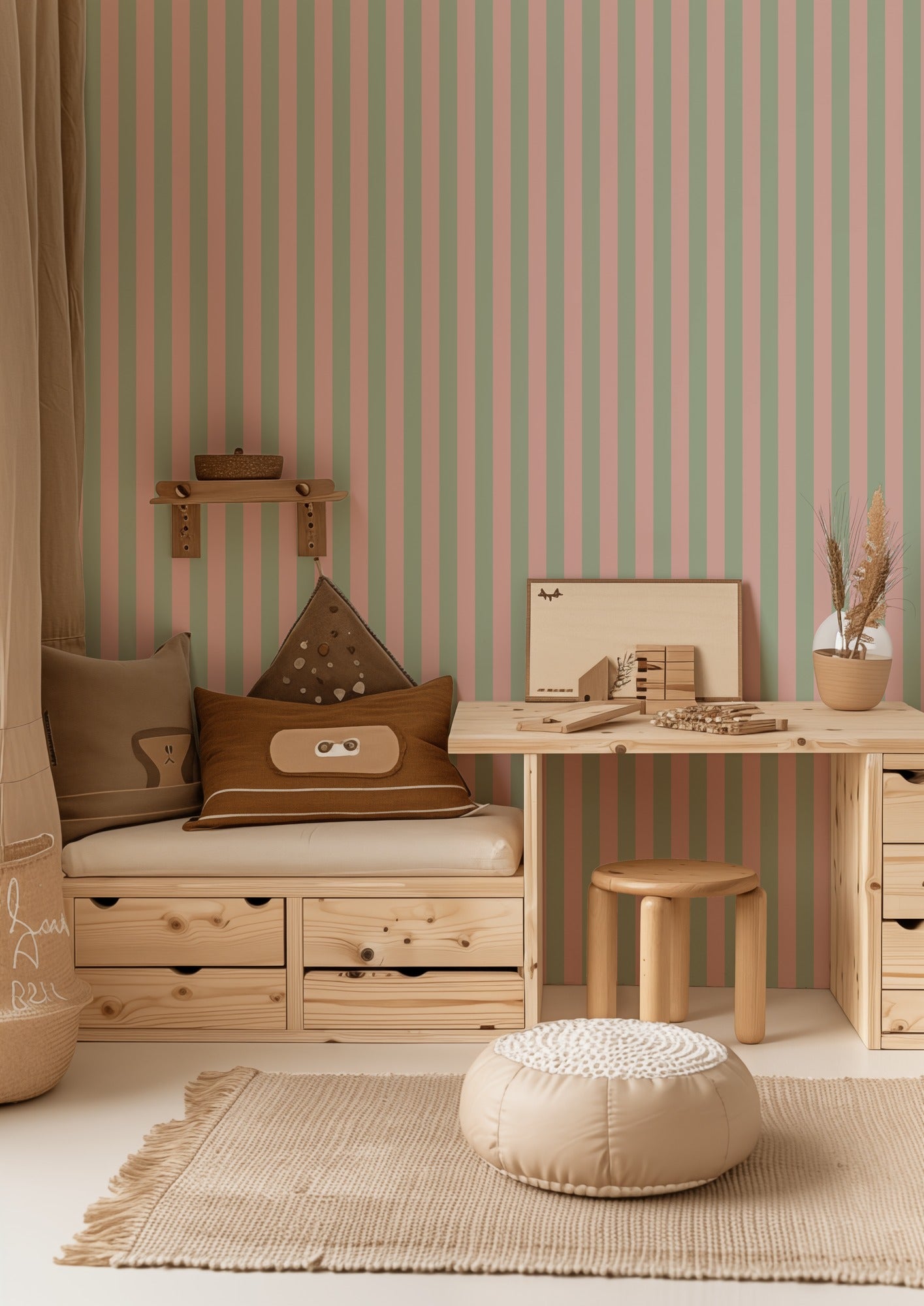 Thin Stripe Wallpaper – Warm Blush & Soft Sage styled in a kids' room and nursery