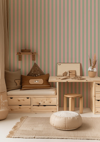 Thin Stripe Wallpaper – Warm Blush & Soft Sage styled in a kids' room and nursery