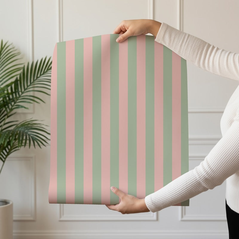 Thin Stripe Wallpaper roll in Warm Blush & Soft Sage – fine, narrow stripes on a soft sage ground