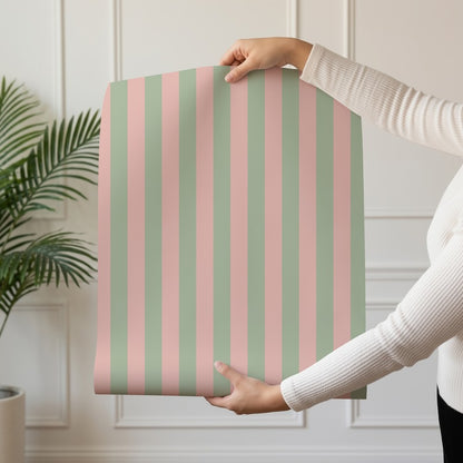 Thin Stripe Wallpaper roll in Warm Blush & Soft Sage – fine, narrow stripes on a soft sage ground
