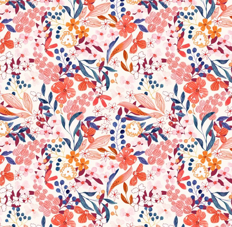 Scarlet Bloom wallpaper design — coral, scarlet and blush watercolour flowers with navy leaves on cream