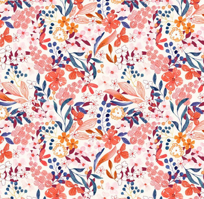 Scarlet Bloom wallpaper design — coral, scarlet and blush watercolour flowers with navy leaves on cream