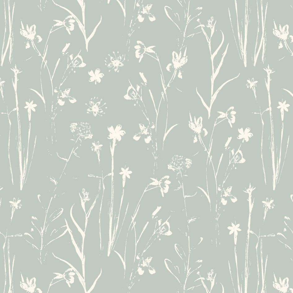 Wildflower Veil wallpaper design — cream sketched wildflowers on a sage-green ground