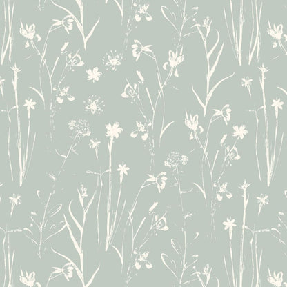 Wildflower Veil wallpaper design — cream sketched wildflowers on a sage-green ground