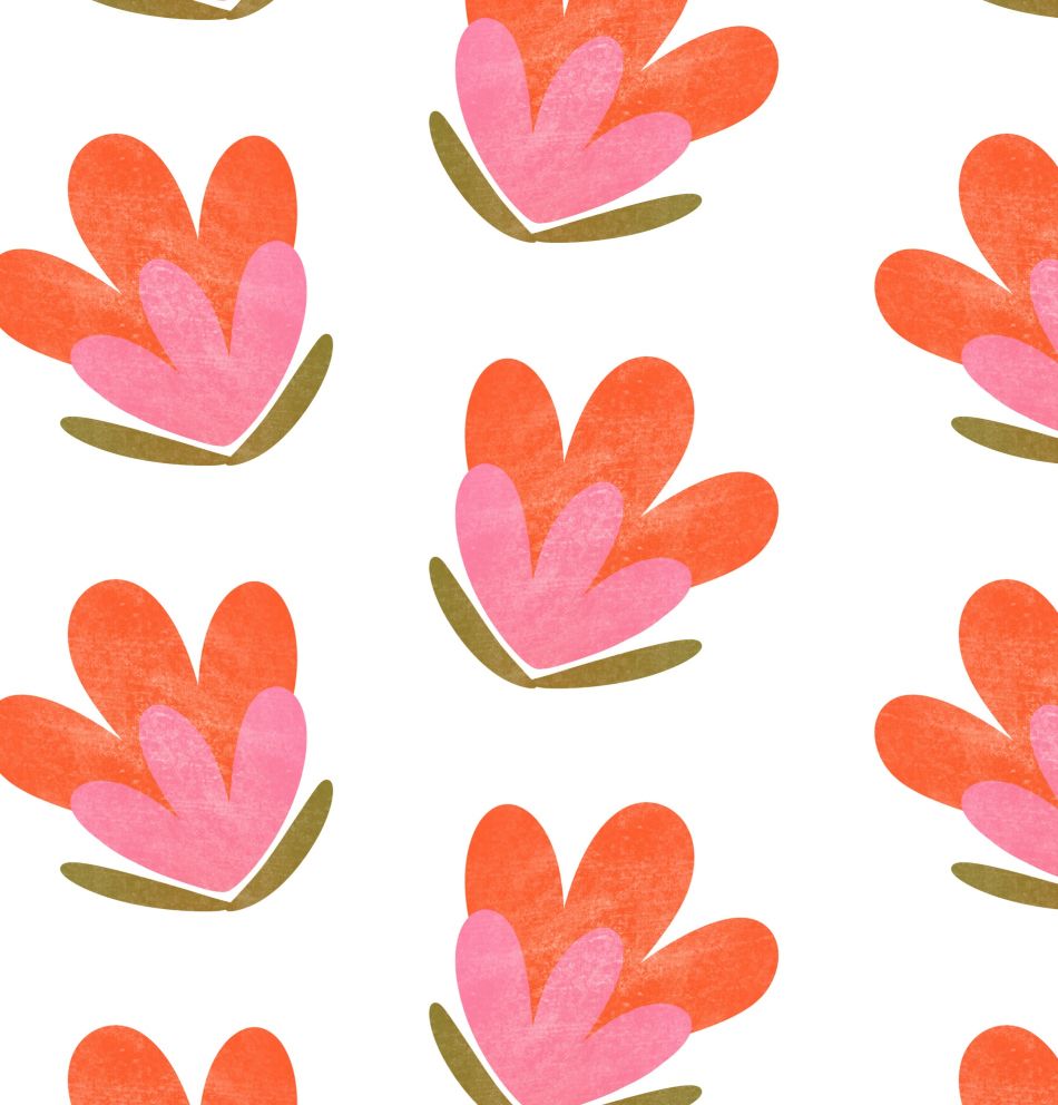 Bold Blooms wallpaper design — coral, orange and pink watercolour flowers on white