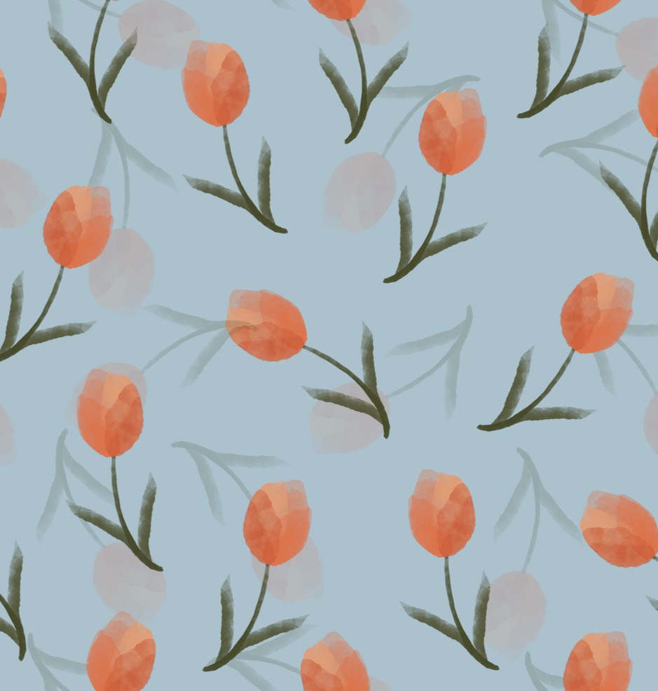 Tulip Bloom wallpaper design — coral watercolour tulips on dusty blue